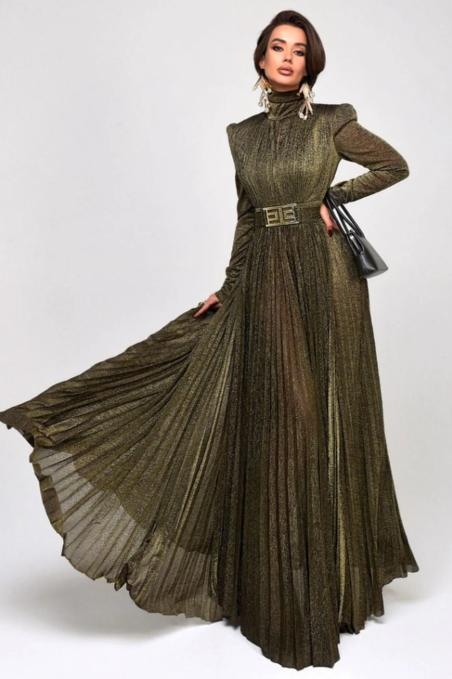 Women's Elsie Metallic Pleated Belted Maxi Dress