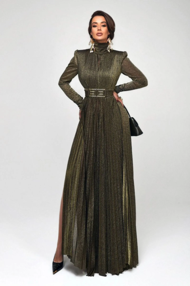 Women's Elsie Metallic Pleated Belted Maxi Dress
