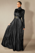 Women's Elsie Metallic Pleated Belted Maxi Dress Black