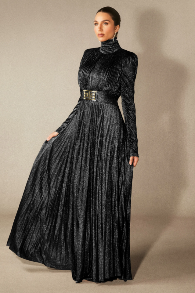 Women's Elsie Metallic Pleated Belted Maxi Dress Black