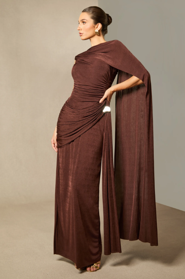 Women's Aubrie Draped Cape Maxi Dress Burgundy