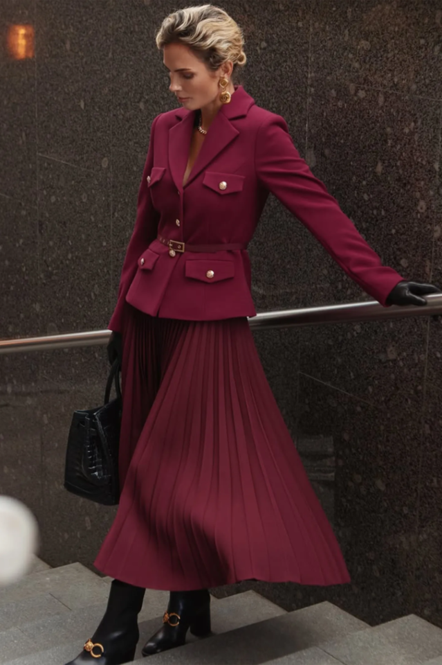 Women's Florence Belted Blazer Pleated Skirt Set Burgundy S