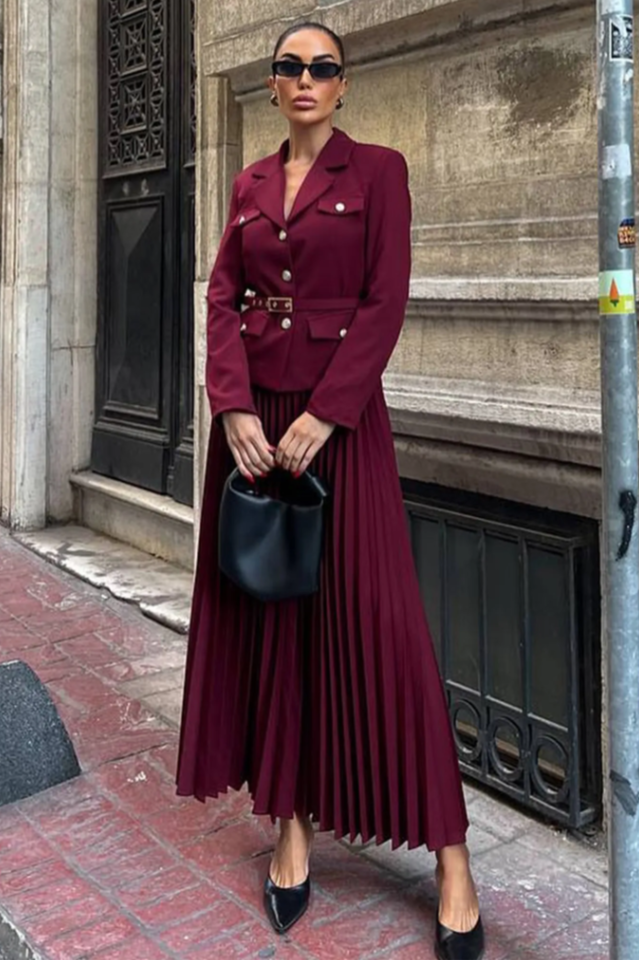 Women's Florence Belted Blazer Pleated Skirt Set Burgundy S