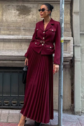 Women's Florence Belted Blazer Pleated Skirt Set Burgundy XL