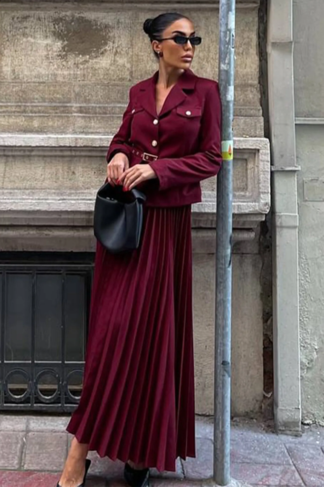 Women's Florence Belted Blazer Pleated Skirt Set