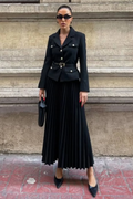 Women's Florence Belted Blazer Pleated Skirt Set Black