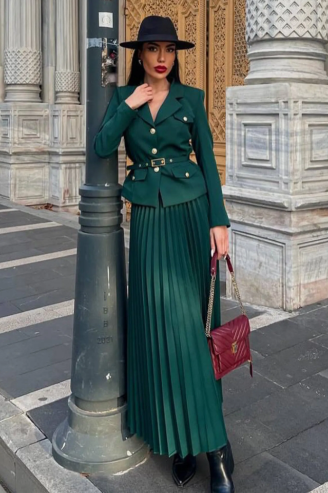Women's Florence Belted Blazer Pleated Skirt Set Emerald