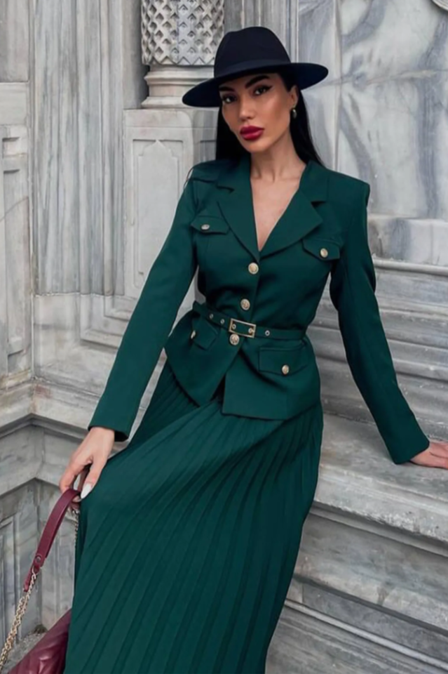 Women's Florence Belted Blazer Pleated Skirt Set