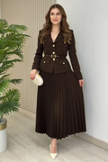 Women's Florence Belted Blazer Pleated Skirt Set Coffee