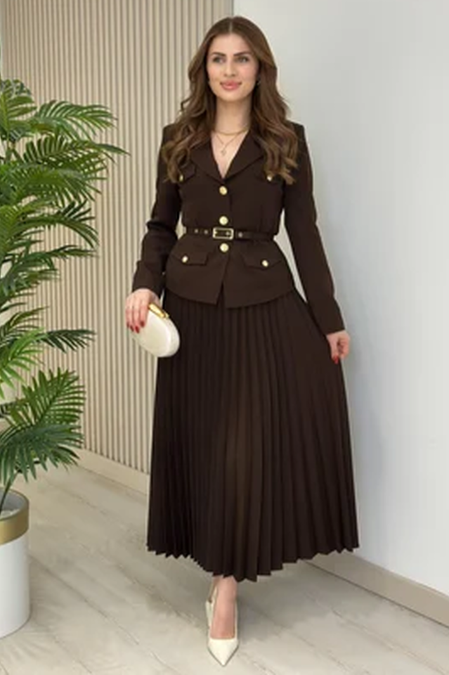 Women's Florence Belted Blazer Pleated Skirt Set Coffee