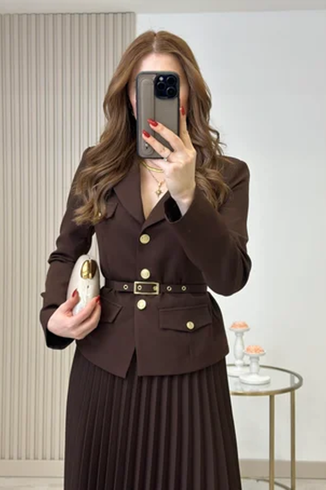Women's Florence Belted Blazer Pleated Skirt Set