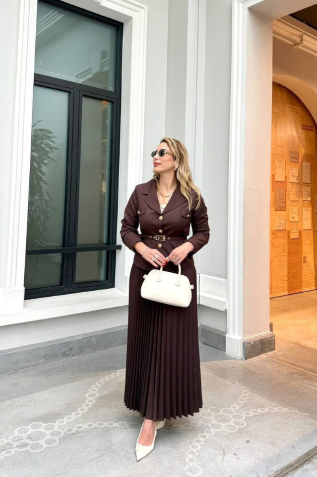 Women's Florence Belted Blazer Pleated Skirt Set