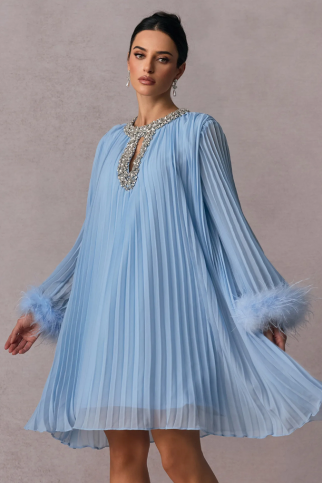 Women's Gabrielle Diamante Feathered Pleated Mini Dress Blue