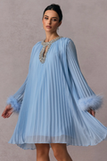 Women's Gabrielle Diamante Feathered Pleated Mini Dress Blue