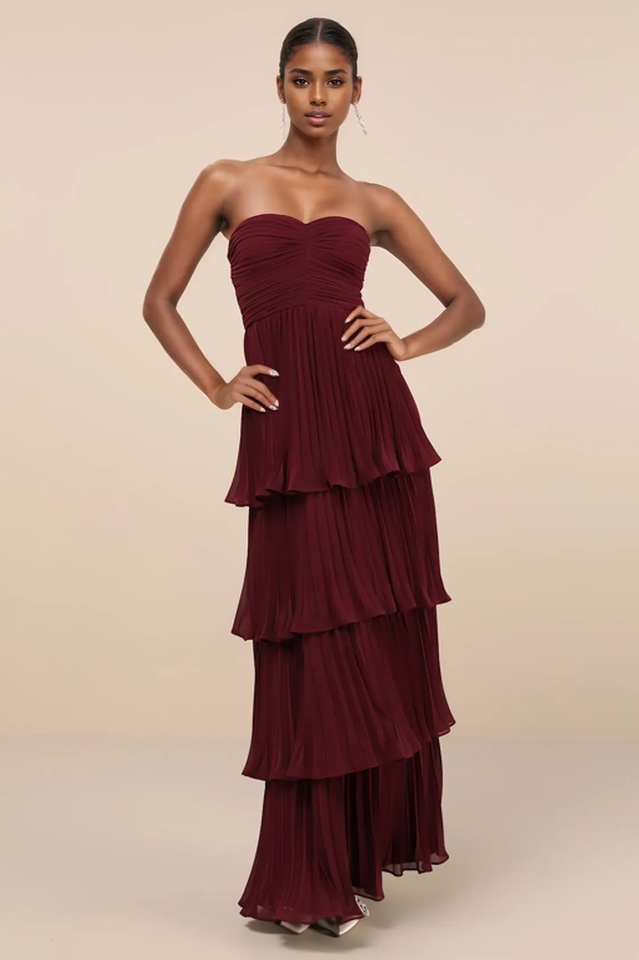 Women's Anastasia Strapless Tiered Chiffon Maxi Dress Burgundy