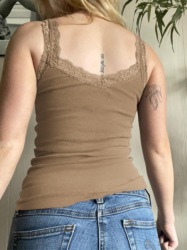 Women's Lace Trim Gray Tank Top