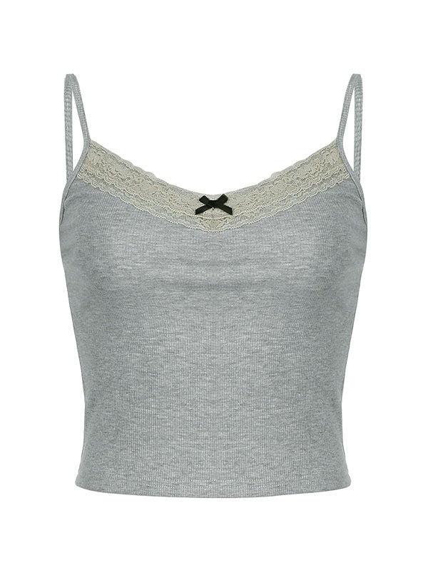 Women's Lace Trim Gray Tank Top