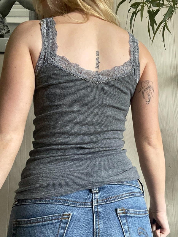 Women's Lace Trim Gray Tank Top