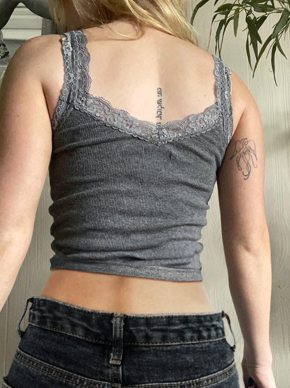 Women's Lace Trim Gray Tank Top
