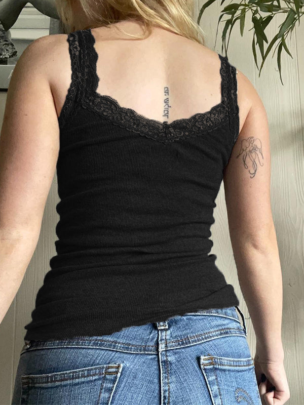 Women's Lace Trim Gray Tank Top