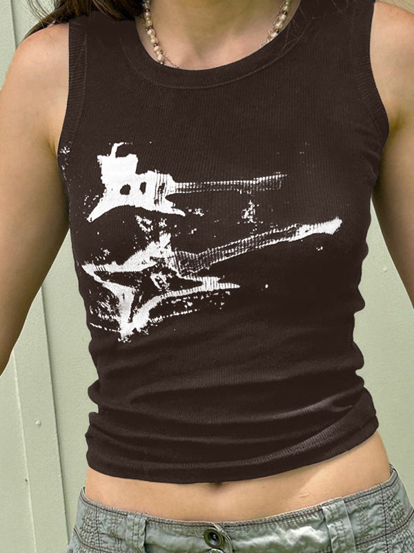 Women's Guitar Ribbed Cropped Tank Top Coffee