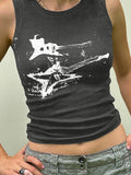Women's Guitar Ribbed Cropped Tank Top Dark Grey