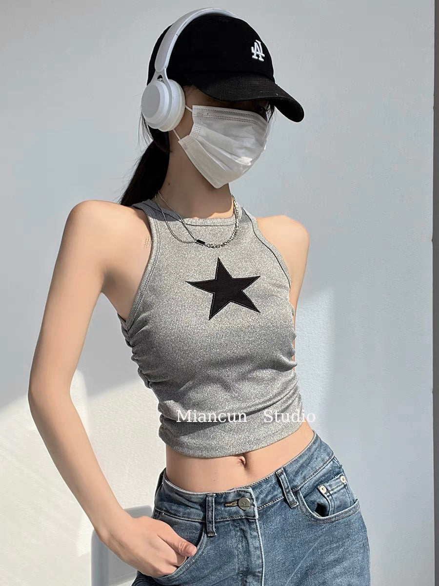 Women's Star Patch Cropped Tank Top Grey