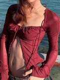 Women's Mesh Long Sleeve Corset Top Red