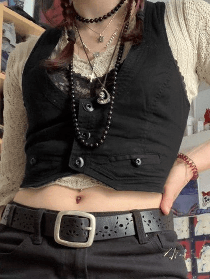 Women's Button Front Corset Top Black