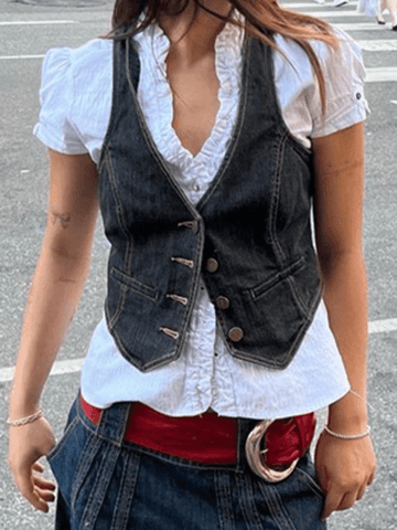 Women's Buttoned Denim Y2K Corset Top Black