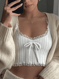 Women's Cropped Lace Trim White Tank Top White