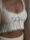 Women's Cropped Lace Trim White Tank Top