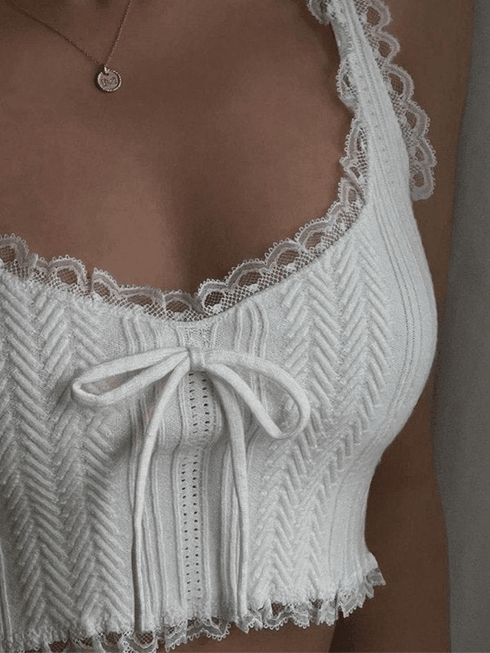 Women's Cropped Lace Trim White Tank Top