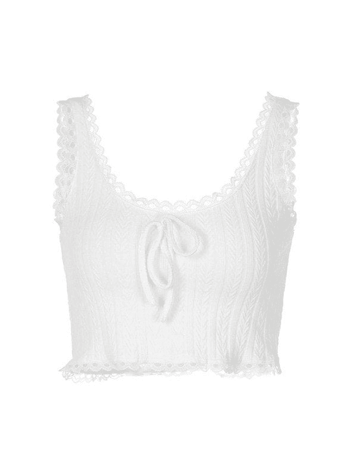 Women's Cropped Lace Trim White Tank Top