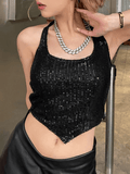 Women's Cropped Sequin Halter Corset Top Black