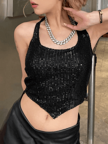Women's Cropped Sequin Halter Corset Top Black