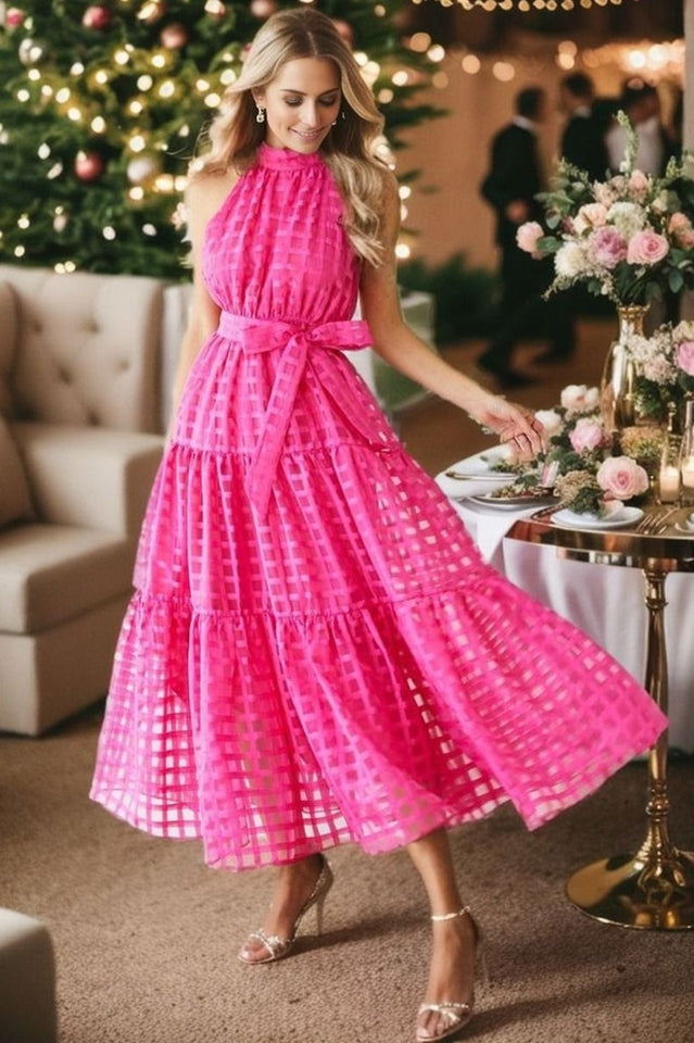 Women's Check Halter Neck Tie Waist Maxi Dress