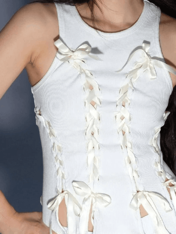 Women's Lace Up Ribbed Cropped Tank Top White