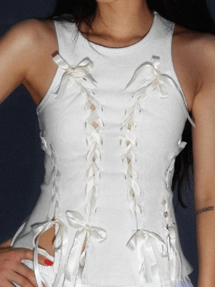 Women's Lace Up Ribbed Cropped Tank Top