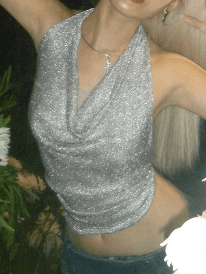 Women's Silver Halter Cropped Tank Top Silver