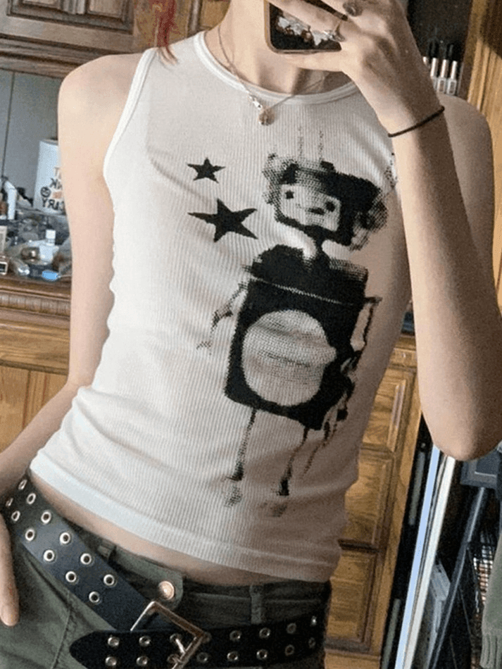 Women's Pixel Robot Star White Cropped Tank Top White