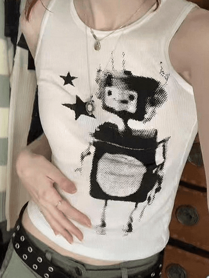 Women's Pixel Robot Star White Cropped Tank Top White