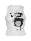 Women's Pixel Robot Star White Cropped Tank Top
