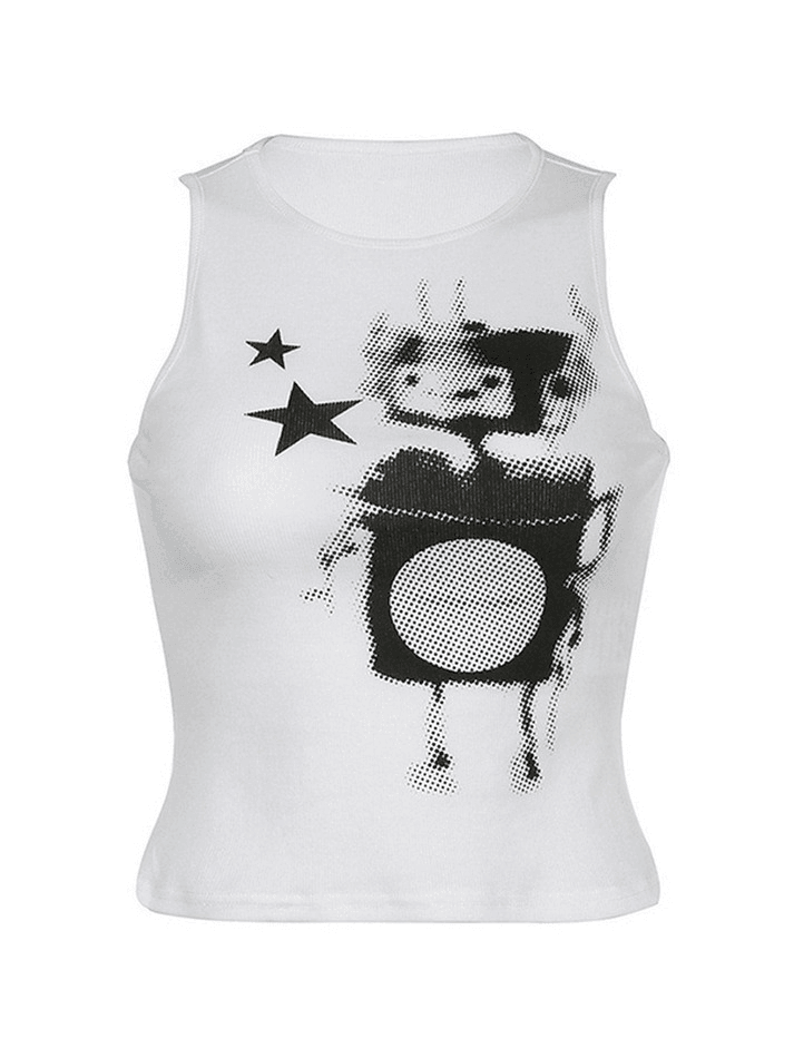 Women's Pixel Robot Star White Cropped Tank Top