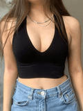 Women's Plunge Neck Rib Crop Tank Top Black