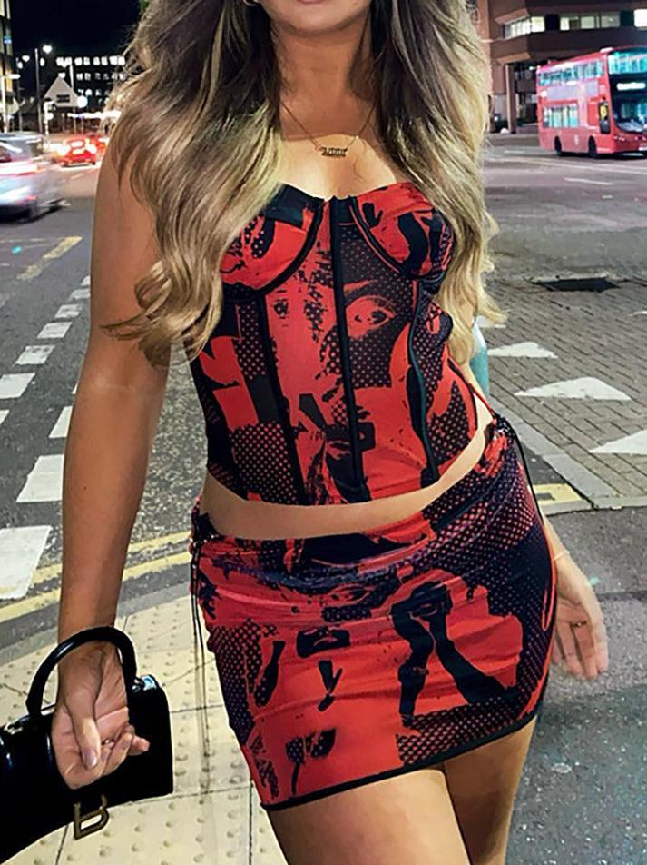 Women's Screen Print Strapless Corset Top Red