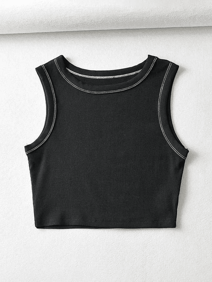 Women's Stitched Detail Ribbed Crop Tank Top Black
