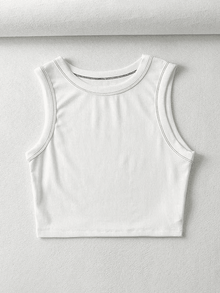 Women's Stitched Detail Ribbed Crop Tank Top White
