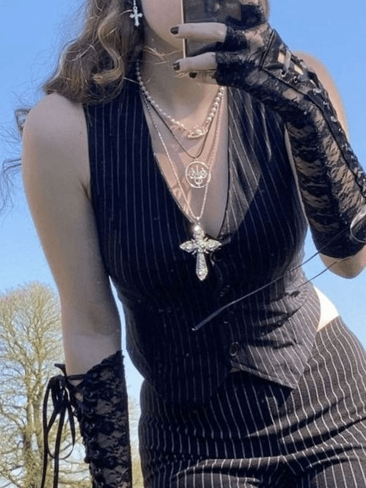 Women's V Neck Pinstriped Button Corset Top Black