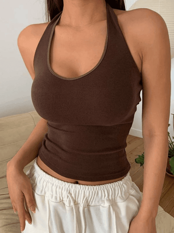Women's Vintage Halter Cropped Tank Top Brown